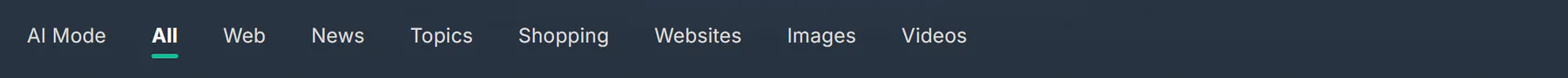 The tab row on a site without the service tabs: AI Mode, All, Web, News, Topics, Shopping, Websites, Images and Videos